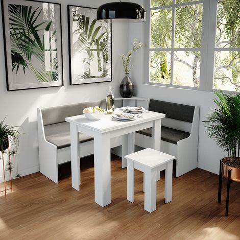 Conjunto con banco esquinero Roman, Blanco, 150 x 41.5 cm con mesa, Vicco
