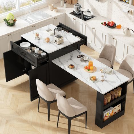 Îlot de cuisine extensible (133-202×70×93,5 cm) avec table extensible,rangement,2 tiroirs,2 compartiments,étagères latérales,noir