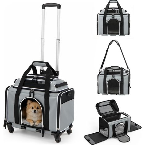 Sac à Roulettes pour Chat Chien, Bandoulière Sac à Dos de Transport pour Chiens, avec Tige Télescopique Réglable, Transporteur Roulant Amovibles, Gris (1/5)