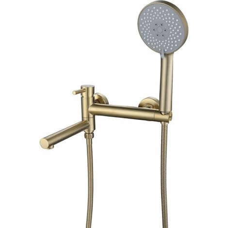 Rubinetto per vasca da bagno a parete con doccetta, miscelatore vasca-doccia a parete, bocca girevole a 90 gradi, oro spazzolato -Crezuo