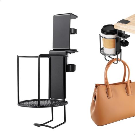 Porte Gobelet Boisson Bouteille Support Gobelet Bureau Suspendu 360° Rotation, Porte-Gobelet Réglable Crochet pour Casque sous Bureau, Porte Gobelets Clip Support Tasse à Café Soucoupe Clip (1/5)