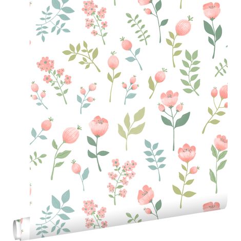 papier peint fleurs rose et vert grisé - ESTAhome (1/5)
