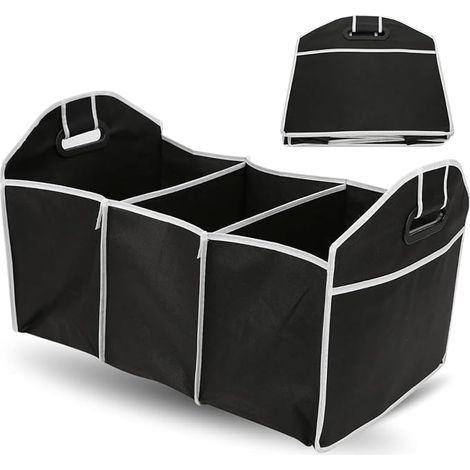 Organizador plegable para maletero de coche – 3 compartimentos XXL – Almacenamiento portátil para el hogar y el coche – Asas reforzadas – Poliéster negro (1/5)