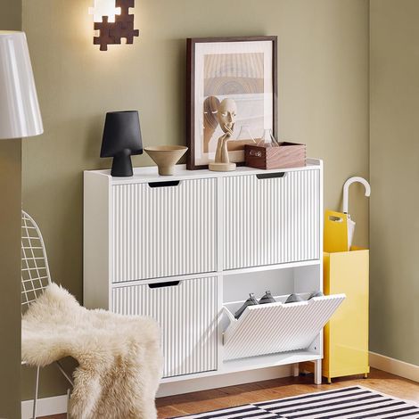 Sobuy – Meuble à chaussures 4 portes abattantes FSR177LW – Rangement vertical en MDF E1 – Dimensions L100 x P19 x H91 cm – Capacité 24 kg – Montage facile