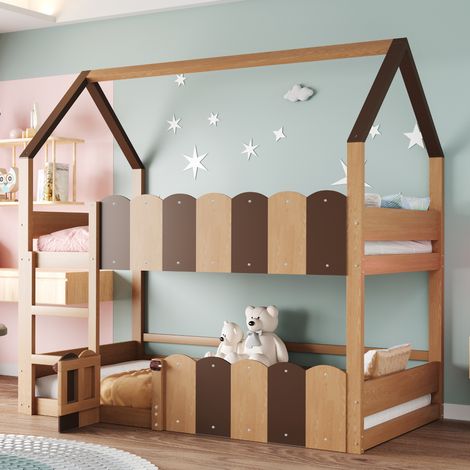 Kinder-Etagenbett 90x200 cm Naturholz in Hausform mit Sicherheitsgittern und Lattenrost (1/5)