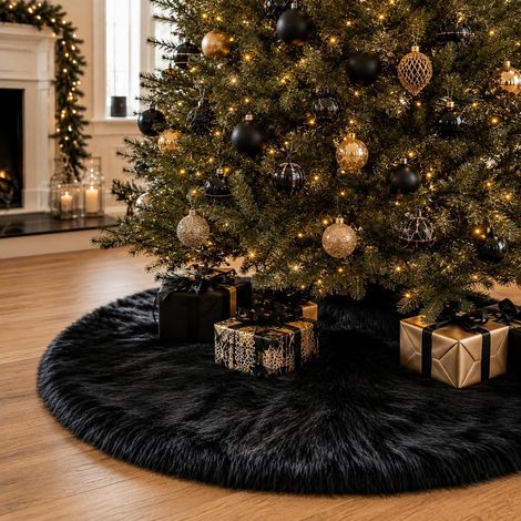Jupe de sapin de Noël en fausse fourrure noire de 60 cm (24 pouces) – Décoration en peluche pour sapin de Noël, fêtes et intérieur (1/5)