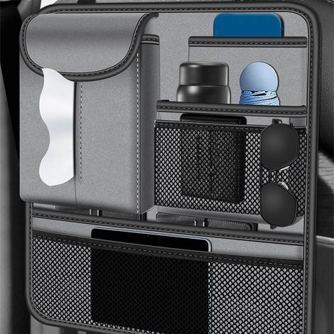 Rangee Siège Auto Organiseur Multifonctionnel, Sac Rangement Dossier avec Support Téléphone, Portefeuille, Lunettes, Boîte Mouchoirs, Gris (1/5)