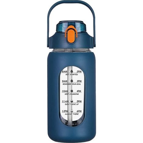 Glasflasche mit Strohhalm, Silikonhülle und Zeitmarkierung, für Fitnessstudio, Homeoffice, Marineblau (1/4)