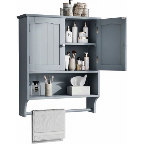 ELVMI Armoire de salle de bain avec 2 Portes, Étagères Ouvertes et Porte-serviettes, MDF, Gris clair, 56.8 x 19 x 70 cm (1/3)