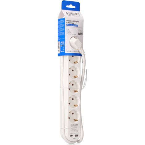Estensione con 6 prese 2 P+T Schuko, con interruttore, 2 USB A + C, 16 A 250 V, cavo H05VV-F, 3G1,5mm² di 1,5 m, bianco