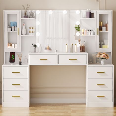 Großer Schminktisch 150 × 40 × 135 cm, mit USB-Anschlüssen und Steckdosen, verstellbarer LED-Beleuchtung, HD-Spiegel, 8 Schubladen, Weiß