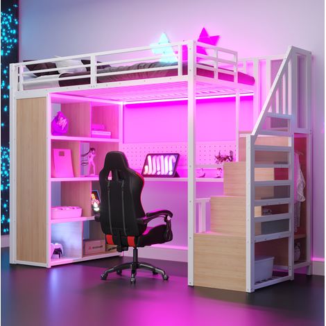 Letto a soppalco in metallo e legno bianco 90x200 cm con scrivania, armadio, LED e vani contenitore