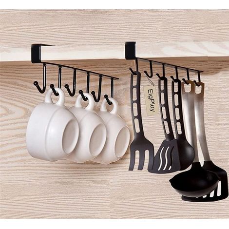 2pcs Tasse Tasses à vin Verres de Rangement Crochets Ustensiles de Cuisine Cravates Ceintures et écharpe Accrocher porte-rack Crochet sous Placard Cabinet Sans Perçage,Noir-Fei Yu (1/5)
