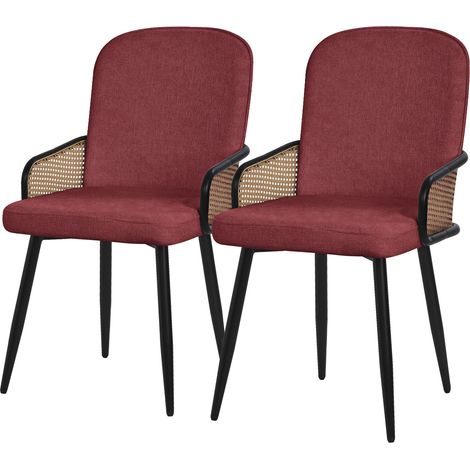ML-Design Set di 2 Sedie da Sala Pranzo Rosso con Rivestimento in Tessuto, Gambe in Metallo, con Braccioli Effetto Rattan, Poltrona Imbottita, Poltroncina Ergonomica da Soggiorno e Cucina
