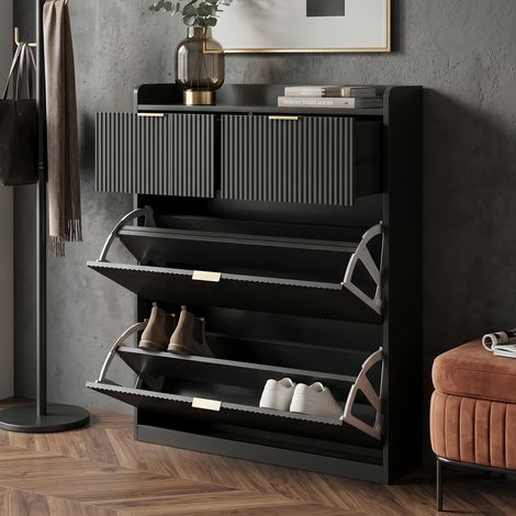 Meuble à Chaussures 80 cm avec 2 Abattants et 2 Tiroirs - Finition Rainurée et Poignées Dorées - Meuble d'Entrée Moderne, Noir