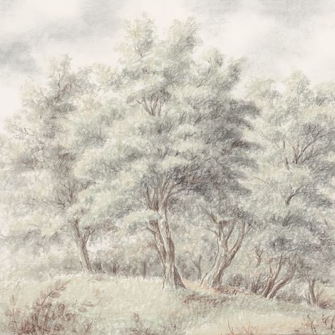 papier peint panoramique paysage boisé beige et vert - Komar (1/5)