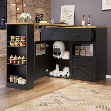 Table de bar extensible avec rangement intégré — Table à manger pivotante à 360° — Unité de bar mobile et moderne — Table haute style bistro pour îlots de cuisine — Buffet avec étagères — Noir