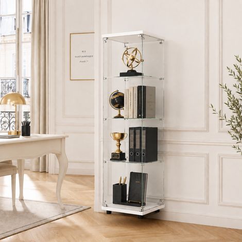 Vitrina de 4 niveles de vidrio templado de seguridad, armario expositor para figuras y colecciones, diseño de una puerta con cerradura, blanco (1/5)