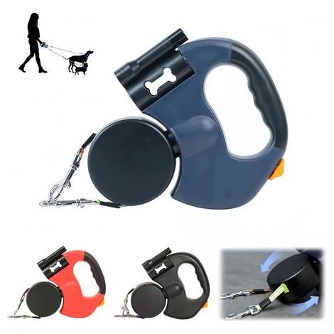 Laisse double extensible pour 2 chiens - Avec lampe torche - Porte-sacs à déjections canines - Rotation à 360° anti-torsion - Réfléchissante - Frein à une main - Bleue (1/5)