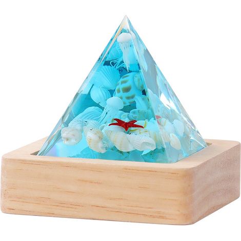 Pyramide résine 5cm, décor coquillage corail, socle bois USB, lampe d'ambiance décoration maison (1/4)