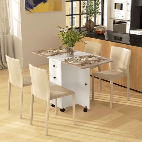 Table de cuisine pliable table à manger pliante 2 plateaux rabattables avec 2 tiroirs 1 placard blanc et chêne