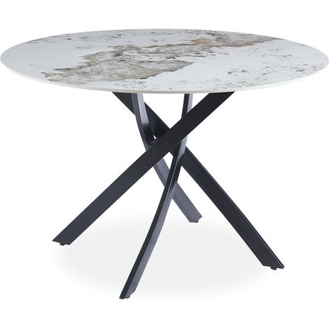 Table ronde Bangui 120cm Céramique effet marbre Blanc et pieds croisés Métal Noir (1/3)