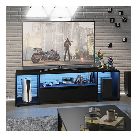 Calicosy – Meuble TV gamer noir mat avec éclairage LED bleu – Rangement spacieux pour consoles et accessoires – Longueur 163 cm – Design industriel (1/10)