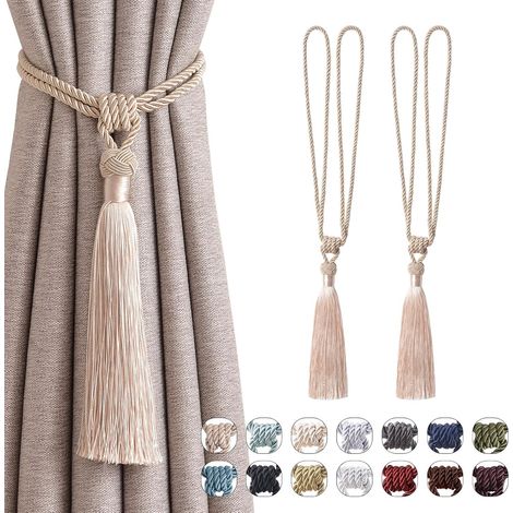 Embrasses Rideaux Longs Glands - Lot de 2 - Corde Tressée Polyester - Maintien Élégant Fenêtres - Salon Chambre Bureau - Beige Foncé (1/5)