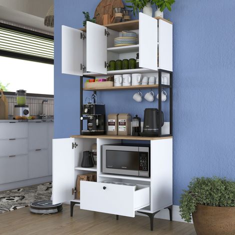 Aparador Rapone, Cómoda un Cajón, 2 Estantes, Puerta Abatible, Corredera, 90x38x184h cm Blanco (1/5)