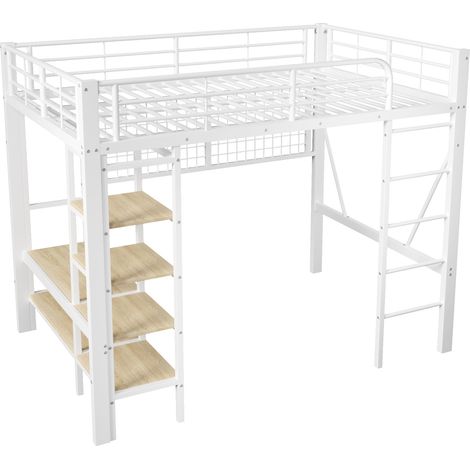 Cama alta 140 x 200 cm de metal y MDF con LED y barra para colgar, blanca (1/5)
