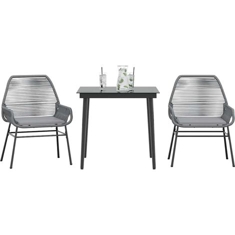 3-tlg. Garten-Essgruppe mit Kissen Grau Poly Rattan Glas