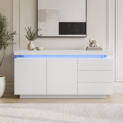 Sideboard Schrank Modern Wohnzimmer Beistellschrank Standschrank Kommode Highboard Anrichte Möbel 2 Türen 3 Schubladen Hochglanz Sideboard mit LED Licht Grifflose 140x35x72.5cm - Weiß (1/5)