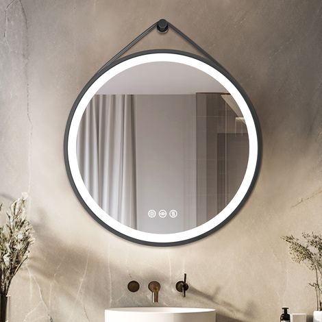 Miroir Salle de Bain Rond LED avec Bandoulière Réglable, Grand Miroir Maquillage Coiffeuse Lumineux Anti Buée avec Interrupteur Tactile, Trois Couleurs, Cadre Noir - Ø60cm