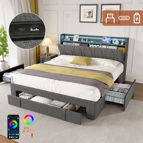 4ft6 Double Upholstered Bed with Three Storage Drawers, LED Headboard with Charging Station and Concealed Headboard Storage,USB and Type - C Ports, Linen, No Box Spring Needed, Grey (No Mattress)