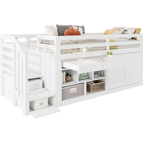Multifunktionales Kinderbett 90x200 cm mit Stauraum und Treppe, Massivholz Holzbett inkl. Lattenrost, Schublade als Schreibtisch nutzbar, Weiß (1/5)