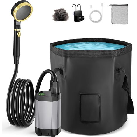 Douche de Camping, Douche Portable Rechargeable de 7800 Mah avec Seau Pliable de Grande Capacité, Pomme de Douche Filtrée, Douche de Camping Extérieure pour La Randonnée, Le Camping-Car (1/5)