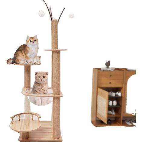 Árbol rascador para gatos, 124 x 61 x 152 cm, soporta hasta 15 kg, cuatro niveles, madera de ingeniería y sisal, postes y plataformas para rascar.