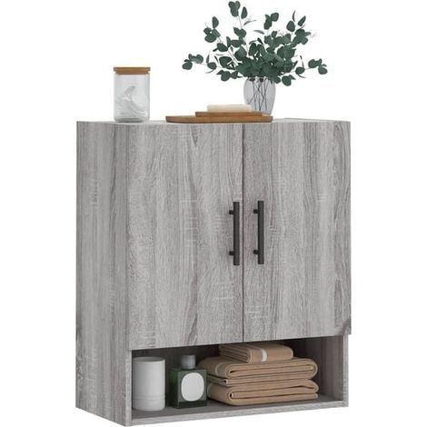 Armoire Murale de Rangement 60x31x70 cm, Meuble Mural en Bois avec Porte, Placard Suspendu pour Salle de Bain, Cuisine ou Salon, Design Moderne Gris Sonoma (1/5)