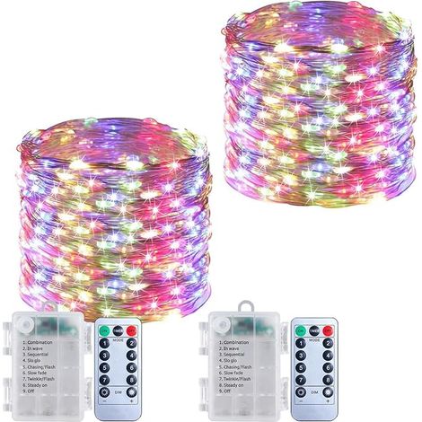 Guirnalda de luces LED para interiores a pilas - 2 x 100 LED - Con temporizador - 8 modos - Mini guirnalda de luces de 10 m - Con mando a distancia - Guirnalda de luces LED pequeñas regulables - Para (1/5)