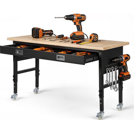 VEVOR Werkbank 1524x610 mm, Arbeitstisch 680 kg, Werktisch 760-1010 mm Höhenverstellbar, Garagentisch mit Schublade, Steckdose, Rollen & Lochwand, Werkstatttisch für Garage, Werkstatt, Büro (1/5)