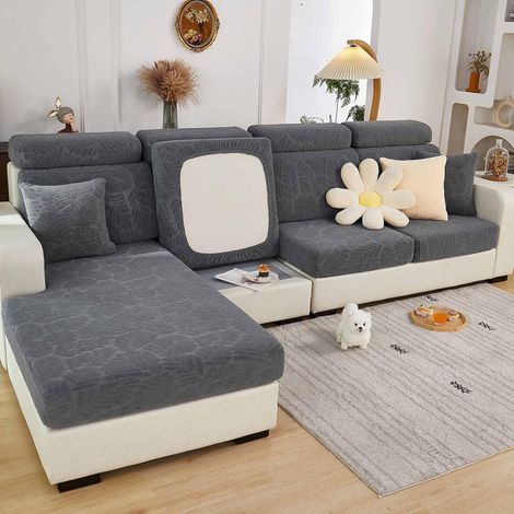 Universal wear-resistant, stretchable, non-slip L-shaped sofa cushion cover for chaise lounge (sea blue leaves, 3-seater) (1/5)