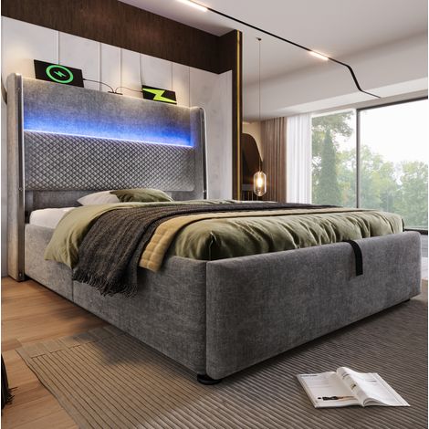 MEUBLIV Cama 90x200 cm gris – almacenaje hidráulico, LED y USB, con colchón (1/5)
