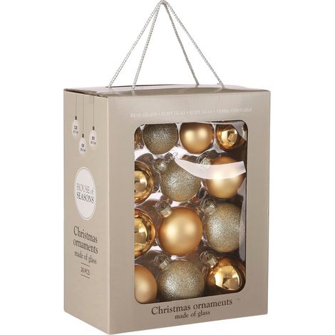 Lot de 26 boules de Noël en verre dorées brillantes et pailletées pour sapin Ø 5, 6 et 7 cm - PANGIVO (1/2)