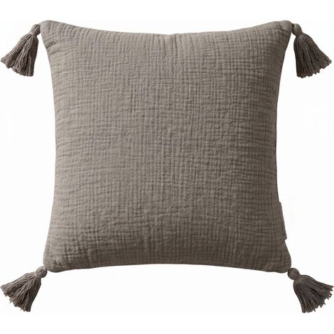 HOMESCAPES Musselin-Kissen grau mit Quasten, 45 x 45 cm – Baumwollbezug mit Füllung (1/5)