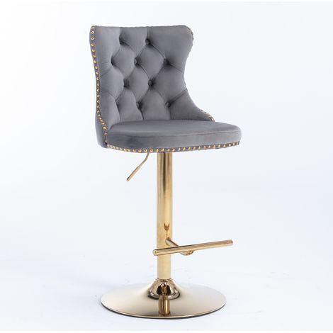 Tabouret de bar pivotant velours gris, assise réglable 63,5-84 cm, dossier matelassé clouté doré, piètement laiton, chaise haute design, DE1912GY (1/5)