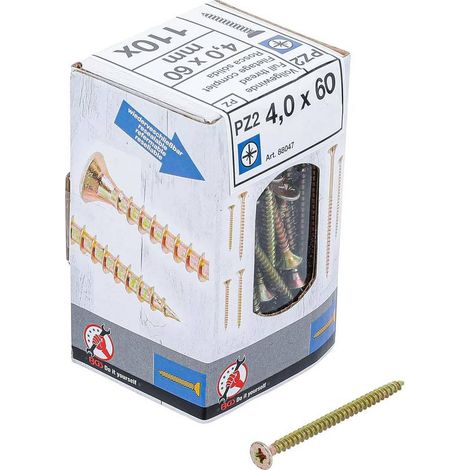 Vis Multifonctions Cruciforme PZ2 4,0 x 60 mm - Lot de 110 pcs - Polyvalentes et Résistantes, Acier - D-Work