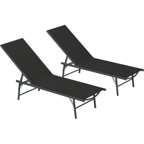 Lot de 2 chaises longues pliantes en textilène noir, pour jarden ou extérieur, dimensions 54 x 164 x 84 cm. (1/5)