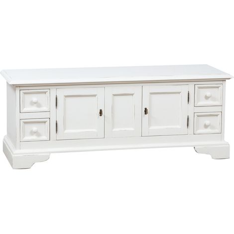 Meuble TV style rustique en bois massif de tilleul avec finition blanc antique L150xPR51xH56 cm