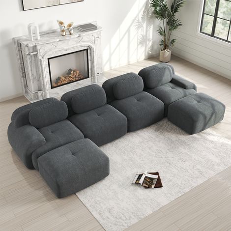 Canapé Modulaire U 4 Places en Velours Côtelé,Base Anti-Dérapant,Repose-pieds amovibles,Accoudoirs XL,Ergonomique 32D hautement élastique,Gris