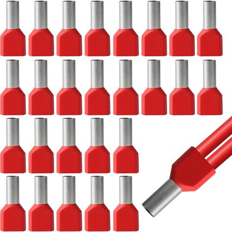 100pcs Double Manchon de Borne Isolé en Cuivre 10mm2 Set, Connecteur de Borne Double 10mm² Double Manchon, Kit de Connexion de Câble, Double Double Manchon de Distribution Isolé Rouge (1/5)